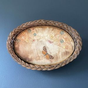 Vintage Antique Butterfly Floral Silkweed Taxidermy Wicker Basket Glass Tray